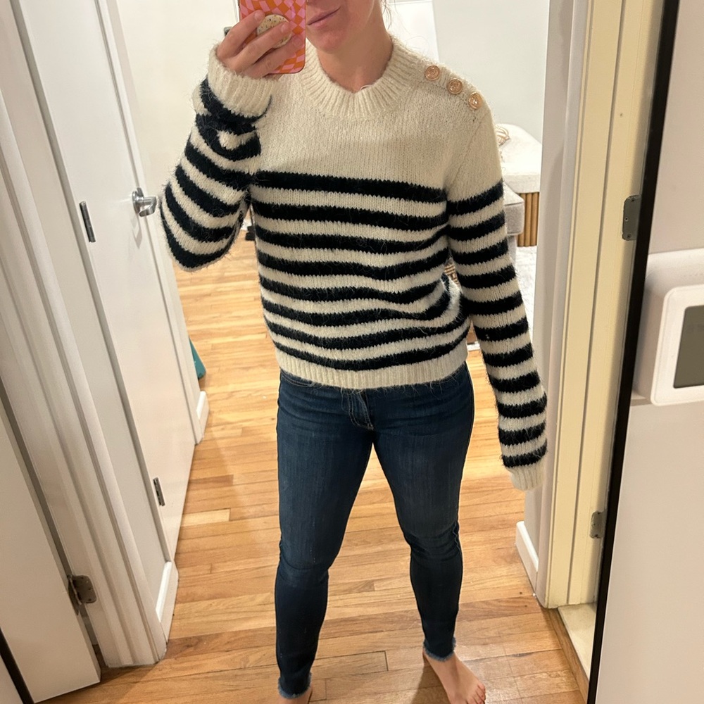 Zara Black and White Striped Crewneck Sweater